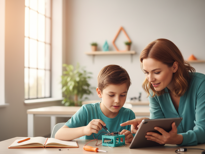Een geduldige docent helpt een jonge leerling die geconcentreerd werkt op een tablet.